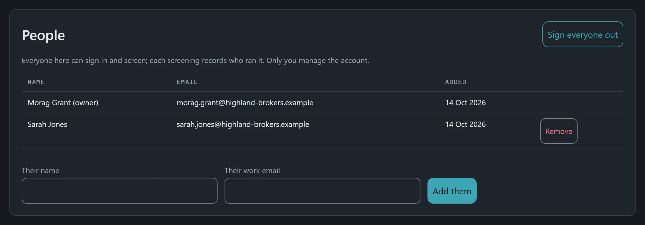 The People list on the Account page, with the form to add someone