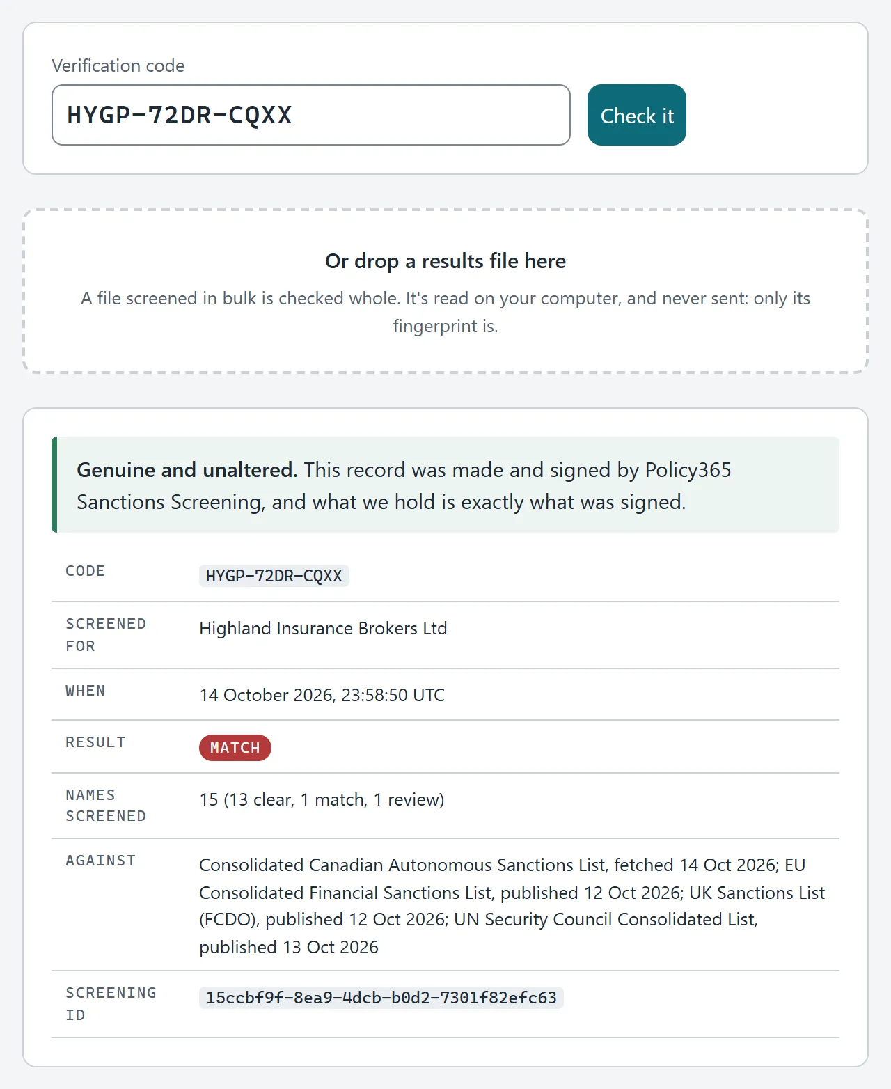 The Verify page saying a record is genuine and unaltered