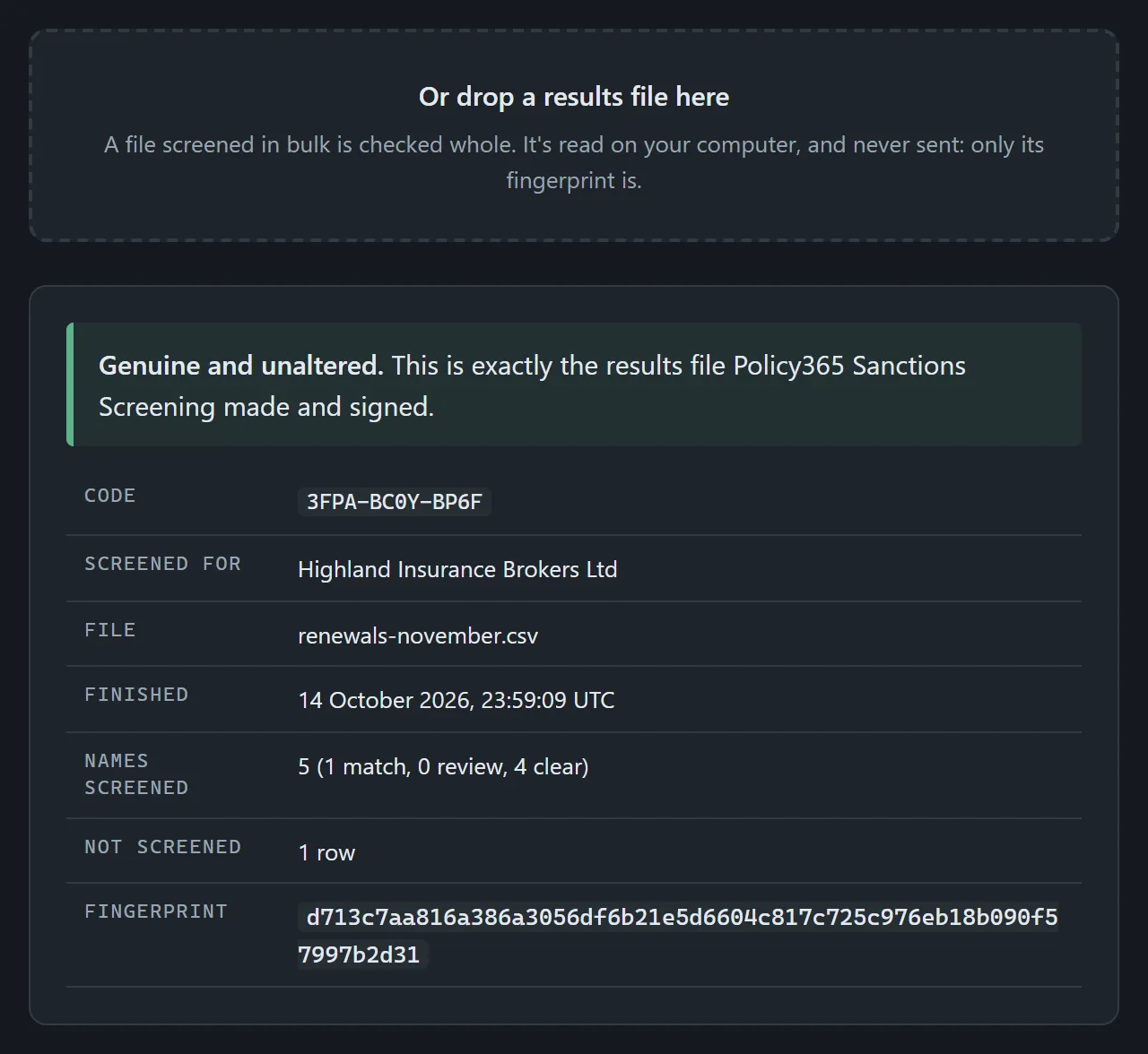 Checking a results file by dropping it on the page