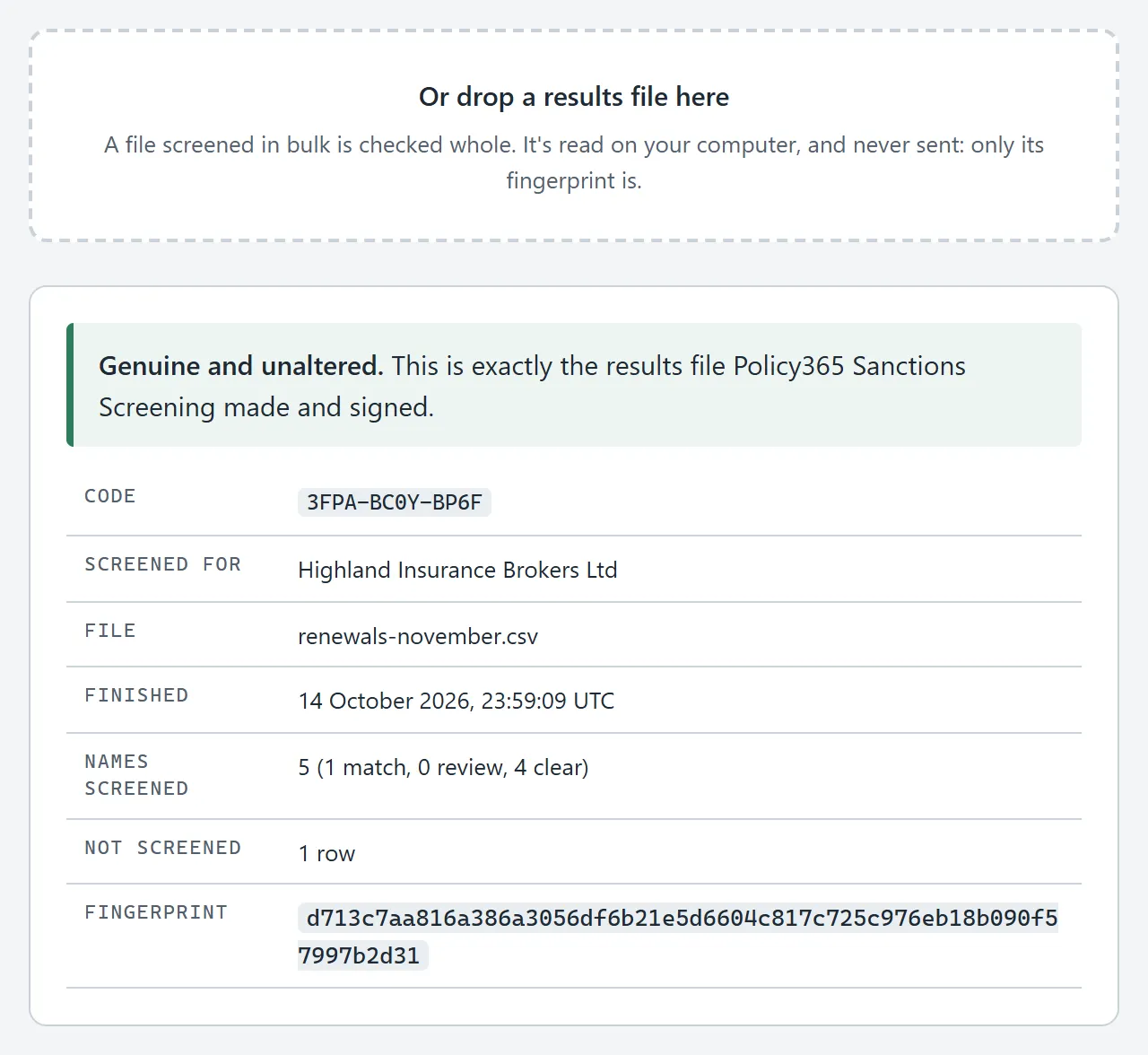 Checking a results file by dropping it on the page